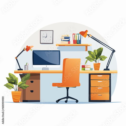 Modern and organized home office workspace with computer and plants.