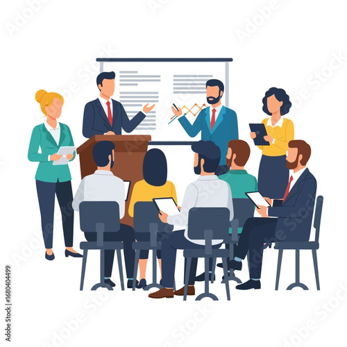 Dynamic speakers leading a corporate training seminar for a group of attentive business professionals in a conference setting