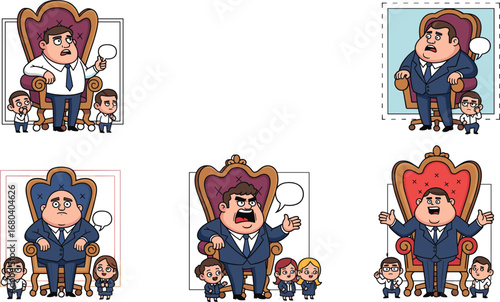 Cartoon Angry Boss Sitting on Throne with Office Employees, Leadership Concept, Business Power Illustration, Corporate Hierarchy Character Set