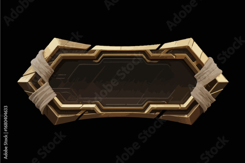 Hand-drawn game UI buttons, dark gold metal, with gauze binding around the edges, presenting an ancient Egyptian feel, vector illustration