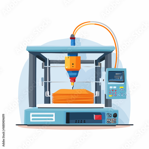 A cartoon illustration of a modern 3D printer actively creating an orange layered object on its build platform, showcasing additive manufacturing.