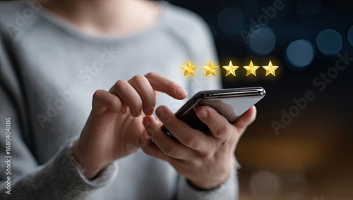 Woman's hands hold phone, reviewing five-star rating