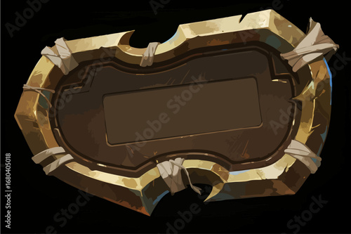 Hand-drawn game UI buttons, dark gold metal, with gauze binding around the edges, presenting an ancient Egyptian feel, vector illustration