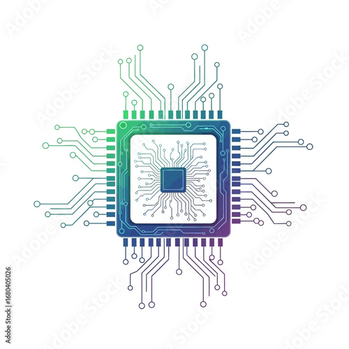 Detailed illustration of a computer chip with intricate circuit patterns and connections.