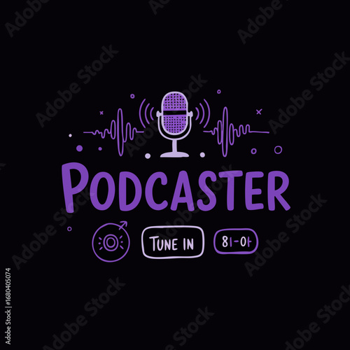 Vibrant purple podcaster doodle logo with microphone and sound waves on black background, featuring 'Tune In' text for audio broadcast and digital content.