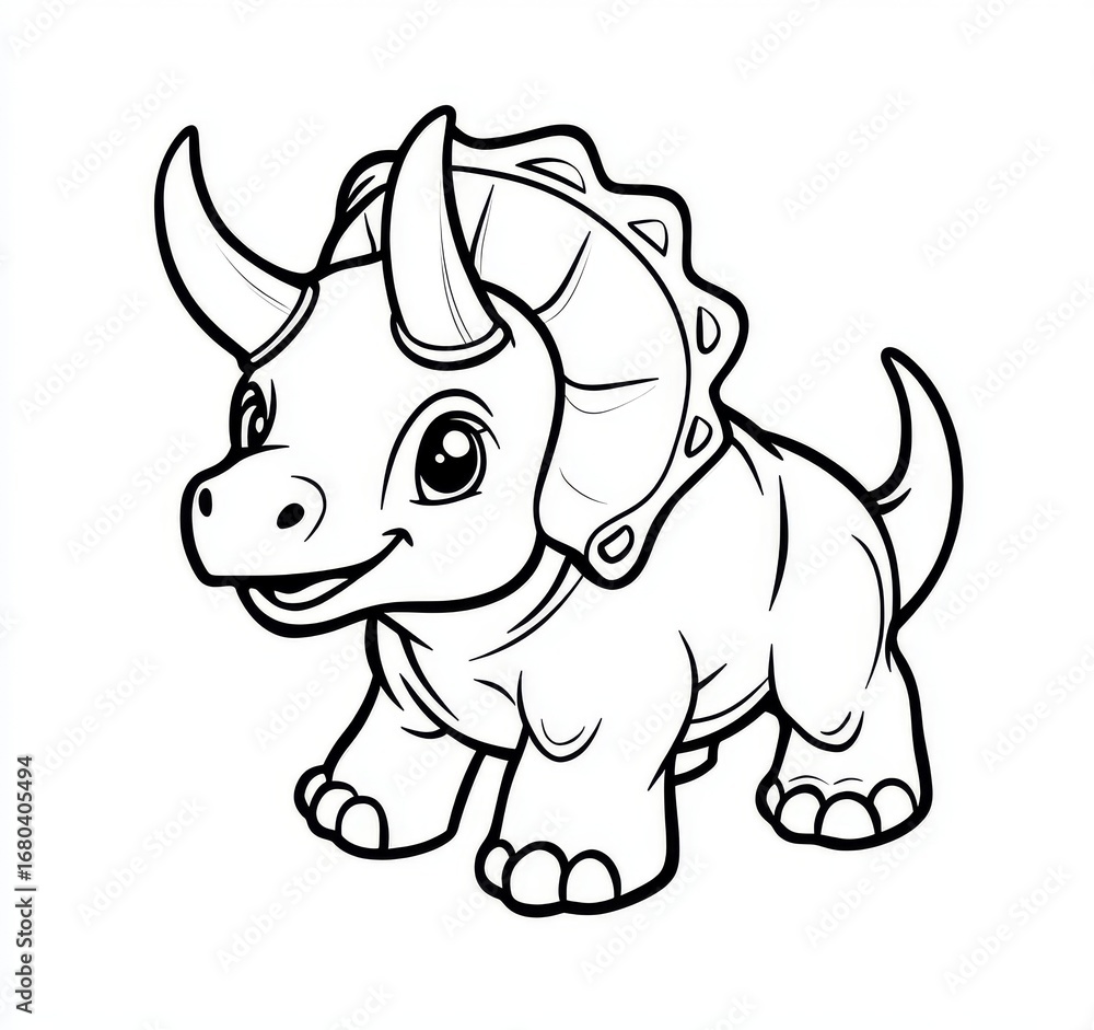 Fototapeta premium Cute baby Triceratops dinosaur coloring page, simple cartoon vector line drawing with thick black outlines, minimal kids illustration on white background.