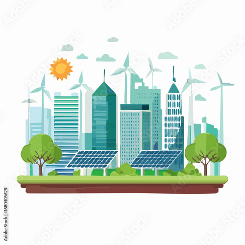 Sustainable city skyline with modern buildings, solar panels, wind turbines, and green trees under a sunny sky, depicting eco-friendly urban development.