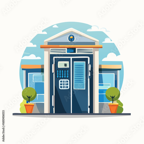 Stylized illustration of a secure building with a large blue door, security features, and potted plants under a cloudy sky.