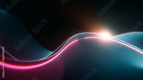 Abstract digital art with flowing lines and glowing neon colors, blue to pink transition, bright burst of light,