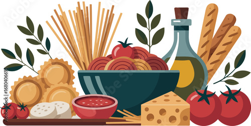 This image presents a visually rich spread of Italian culinary elements, featuring a central bowl of pasta surrounded by various ingredients. 