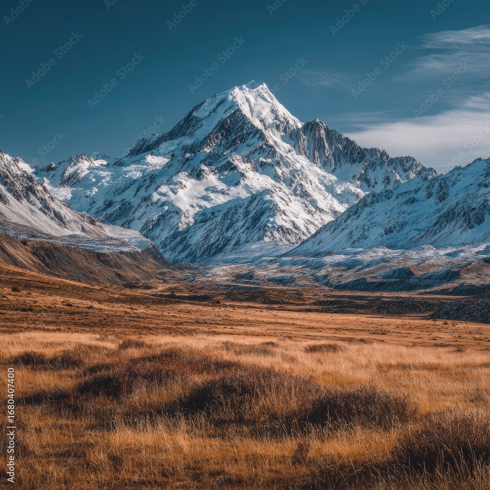 Fototapeta premium Snowy mountain peak above a golden field