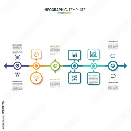Infographic template design showing a timeline with various icons and elements for business presentations and data analysis.