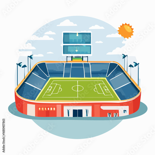 An illustrated cartoon of a modern football stadium with a green pitch, stands, floodlights, and a large scoreboard under a sunny sky.