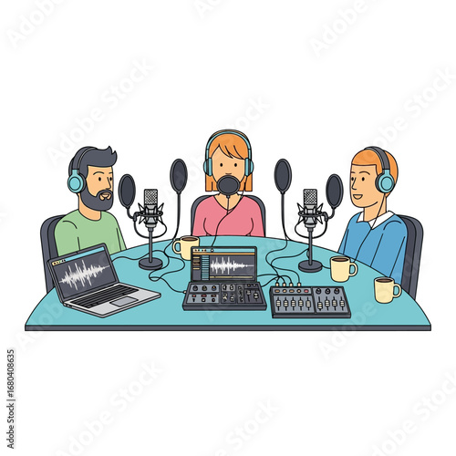 Three people wearing headphones and sitting around a table with microphones, laptops, and audio equipment, recording a podcast.