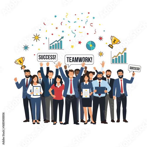 A triumphant business team celebrates a major victory, a concept of collective success and shared achievement in a corporate environment