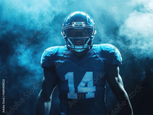 An athlete stands confidently in a blue football uniform, surrounded by fog and backlighting. The intense atmosphere highlights his focus and determination on a game day.