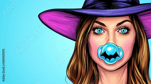 Halloween popart funny cartoon witch portrait blue eyes bubblegum bat hat bold color playful vibe