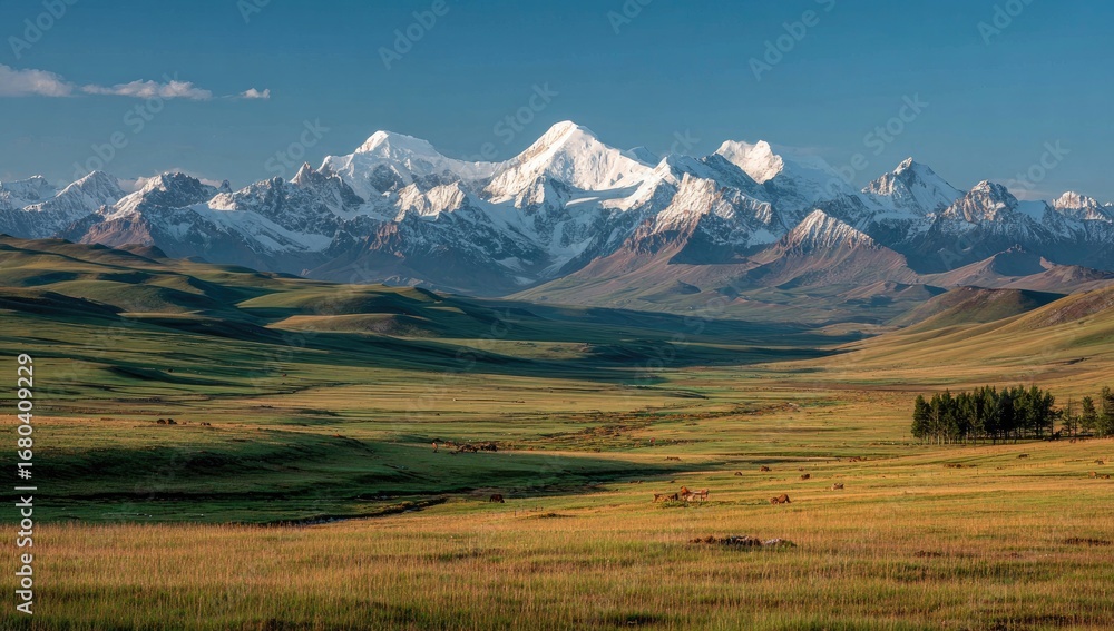Fototapeta premium Snowy mountain range above a grassy valley