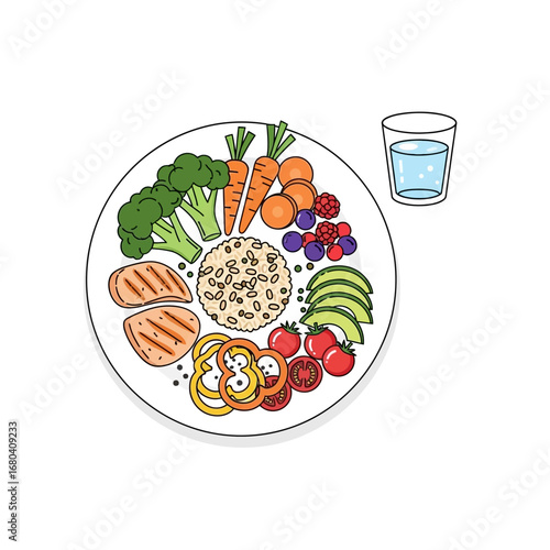 Colorful and balanced meal with chicken, vegetables, fruits, and grains on a plate, accompanied by a glass of water.