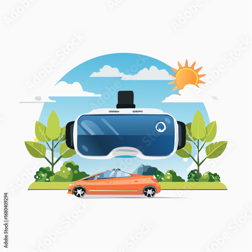 Virtual reality headset floating above a modern orange car in a sunny outdoor setting, representing future technology and immersive experiences.
