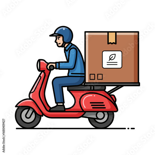 A delivery person wearing a blue helmet and jacket rides a red scooter with a large cardboard box on the back.