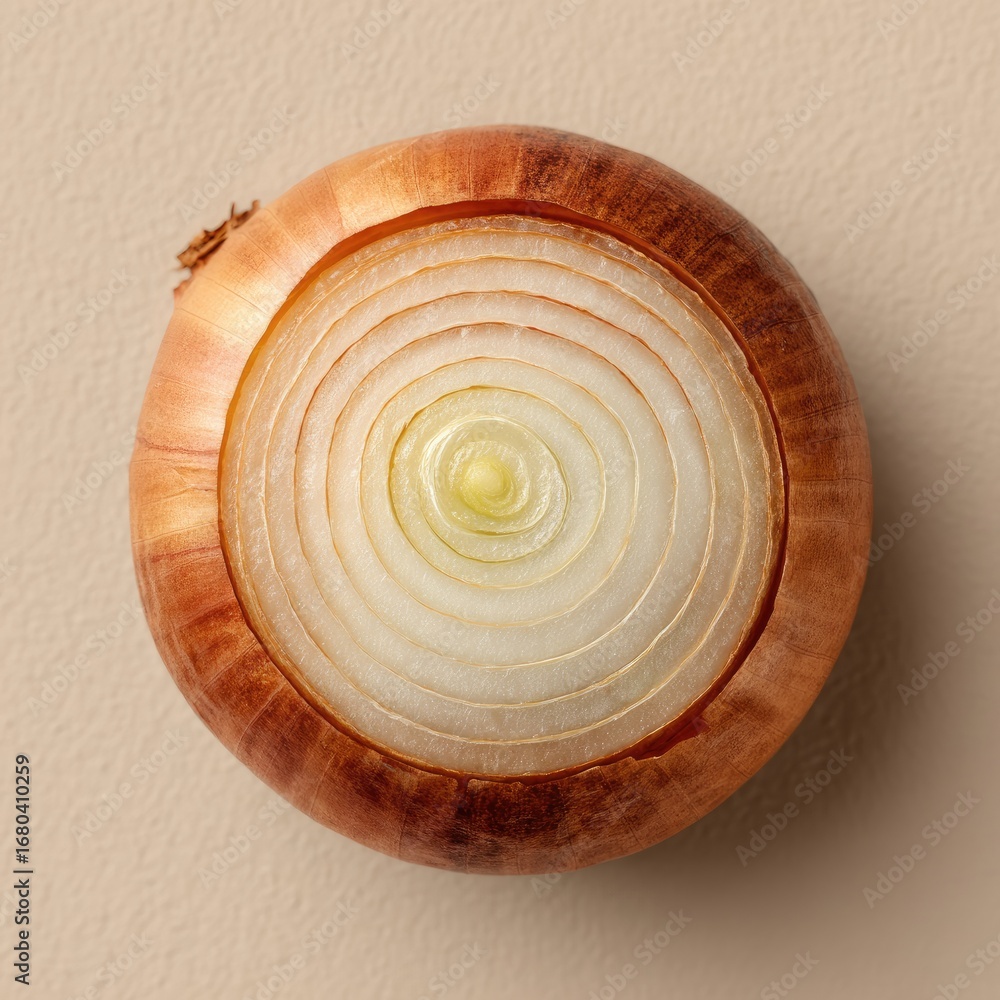 Obraz premium Overhead view of a whole onion, sliced in concentric circles