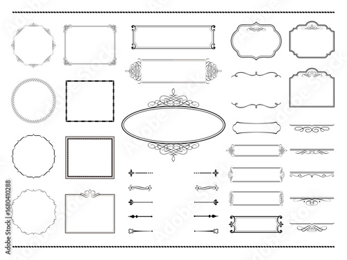 vintage frame set 12_black文字なし／サンプルテキスト・背景無しで使いやすい黒のビンテージフレームとあしらい飾りのセット12
