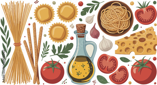 A rustic collection of Italian meal components is artfully arranged in this image.