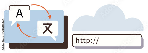 Two speech bubbles with language symbols linked by arrows and a web address bar connecting to a cloud. Ideal for language learning, global communication, translation services, localization, online