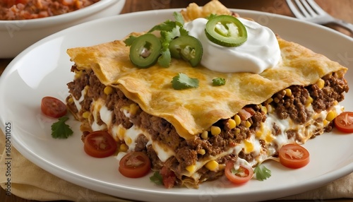 plate of mexican lasagna with sour cream on top