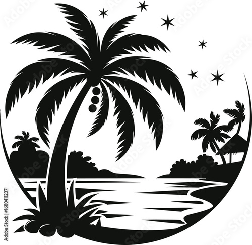 Tropical Island Silhouette Vector Art with Palm Trees and Ocean Scenery Ideal for Vacation and Holiday Designs Creating a Black and White Exotic Landscape