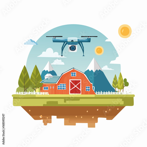 An illustration of a drone flying over a rural farm with a red barn, green fields, mountains, and trees under a sunny sky, depicting agricultural technology.