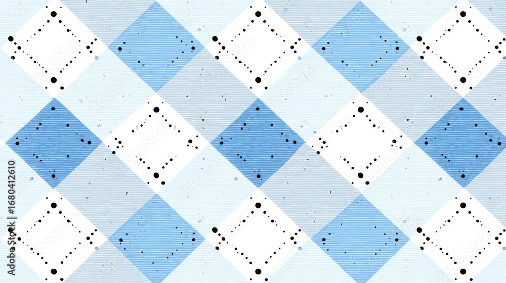 Seamless argyle vector pattern in light blue and white with thin black dotted lines, classic geometric diamond background for men’s clothing textiles, wrapping paper design, baby boy little man party 