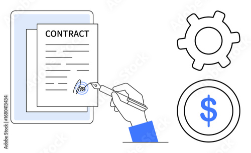 Hand signing document marked contract alongside gear and dollar coin signifying partnership, efficiency, profit, and decision-making. Ideal for business, law, agreements, teamwork, finance