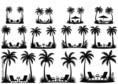 Tropical beach scene silhouettes with palm trees chairs and drinks