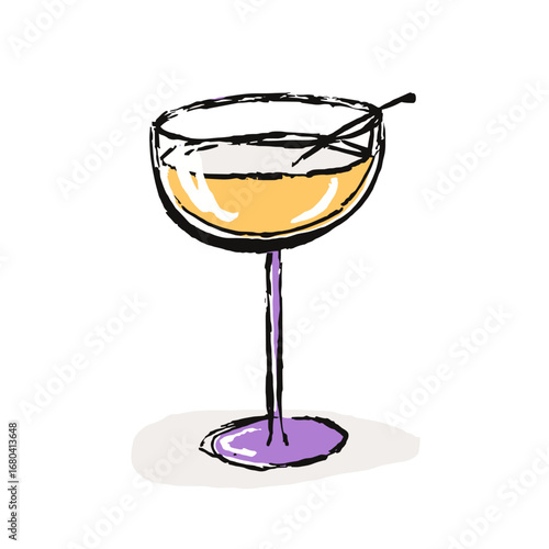 Hand-drawn illustration of a yellow cocktail in a coupe glass. Modern sketchy artistic beverage with a purple stem for a party or celebration.