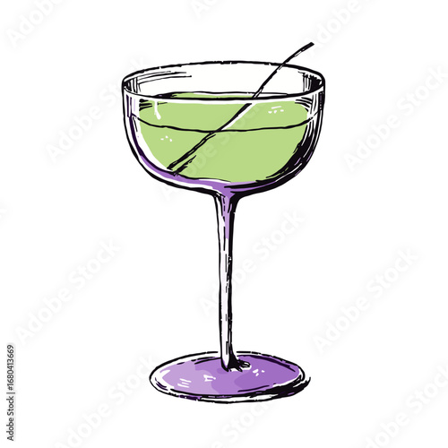 Hand-drawn illustration of a green cocktail in a purple coupe glass. Sketchy alcoholic beverage with a stirrer, isolated on a transparent background.
