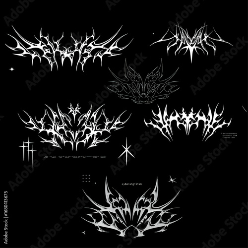 Cybersigilism legacy, Neo tribal patterns in different styles. Gothic tattoo, 3D digital art. Сybersigilism in a rethought understanding, different styles - 3d, silhouette, flat. Neo tribal. Vector