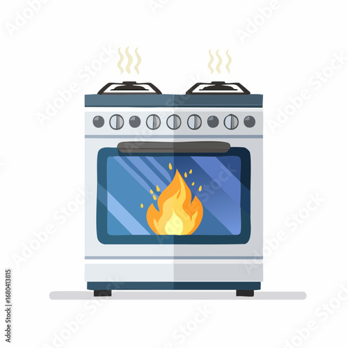 A white gas stove with an oven fire hazard.