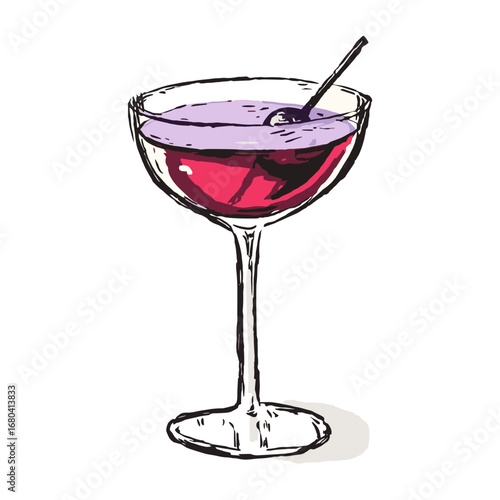 Hand drawn illustration of a colorful cocktail in a coupe glass. Sketchy vector art of an alcoholic beverage for a bar menu or party invitation.