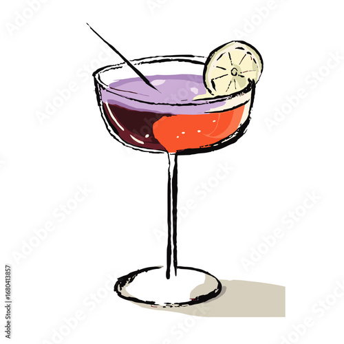 Hand-drawn colorful cocktail illustration. Sketch of a layered alcoholic drink in a coupe glass with a lemon garnish on a transparent background.