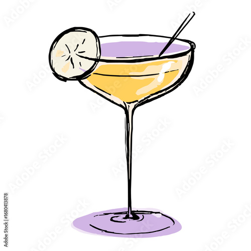 Hand-drawn cocktail illustration in a sketchy watercolor style. Yellow alcoholic beverage in a coupe glass with a lemon garnish and straw.