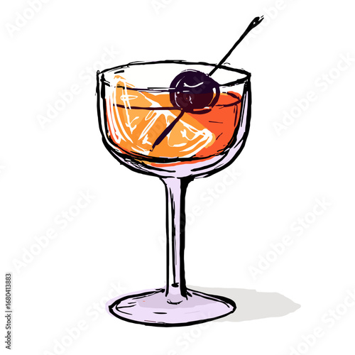 Hand-drawn sketch illustration of a classic cocktail. Artistic drawing of an alcoholic beverage in a coupe glass with an orange slice and cherry garnish.