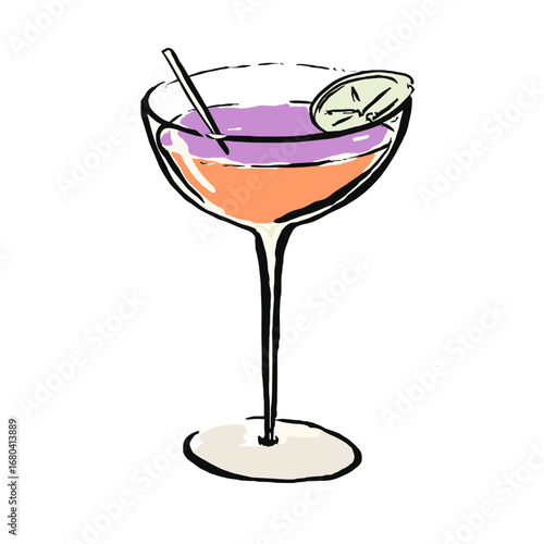 Hand-drawn illustration of a colorful layered cocktail. Stylish sketch of a purple and orange drink in a coupe glass with a lime garnish.