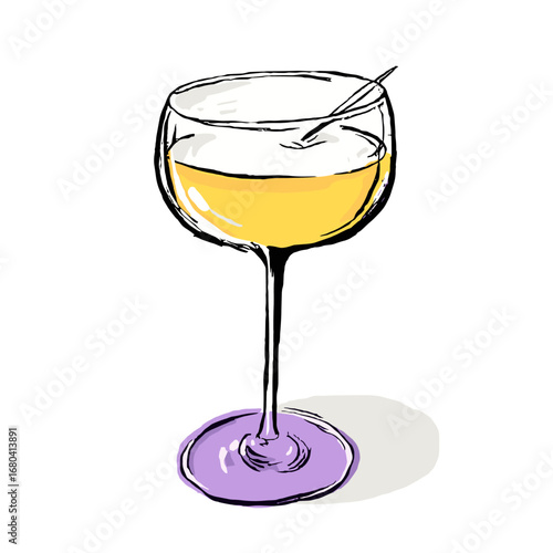 Hand-drawn illustration of a yellow cocktail in a coupe glass. Sketchy style alcoholic beverage with a purple coaster on a transparent background.