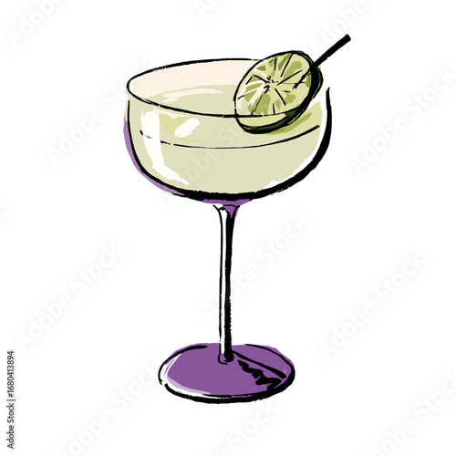 Hand-drawn illustration of a classic cocktail in a coupe glass. Sketchy margarita or daiquiri with a lime garnish, isolated on a transparent background.