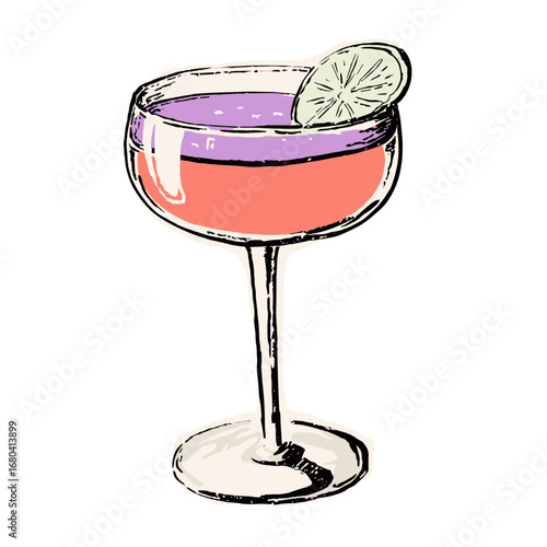 Hand drawn illustration of a colorful layered cocktail in a coupe glass. Sketchy style alcoholic beverage with a lime garnish on a transparent background.