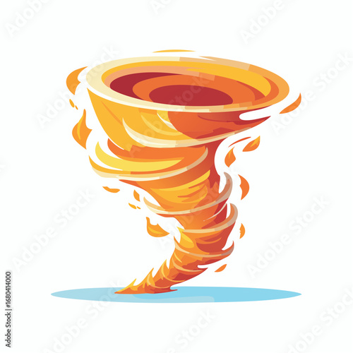 A vibrant, stylized cartoon illustration of a powerful orange and yellow tornado swirling upwards, depicting a natural weather phenomenon.