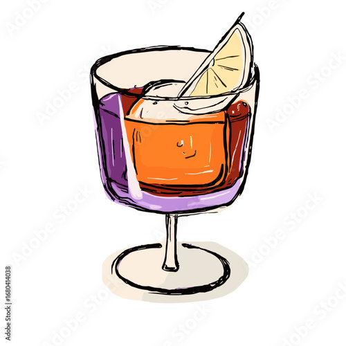 Hand-drawn illustration of a colorful cocktail in a glass. Sketchy artistic drawing of an alcoholic beverage with an ice cube and lemon garnish.
