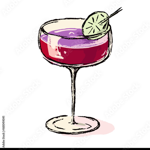 Hand-drawn illustration of a colorful cocktail in a coupe glass. Refreshing alcoholic beverage with a lime garnish, isolated on a transparent background.